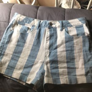 Blue and White Striped Denim Shorts